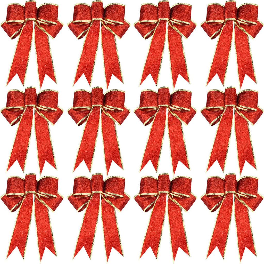 12 Pieces Glitter Christmas Bows Christmas Wreath Ribbon Bow 9.84 X 7.87 Inches Christmas Tree Ornaments Large Bows for Christmas Party Decoration