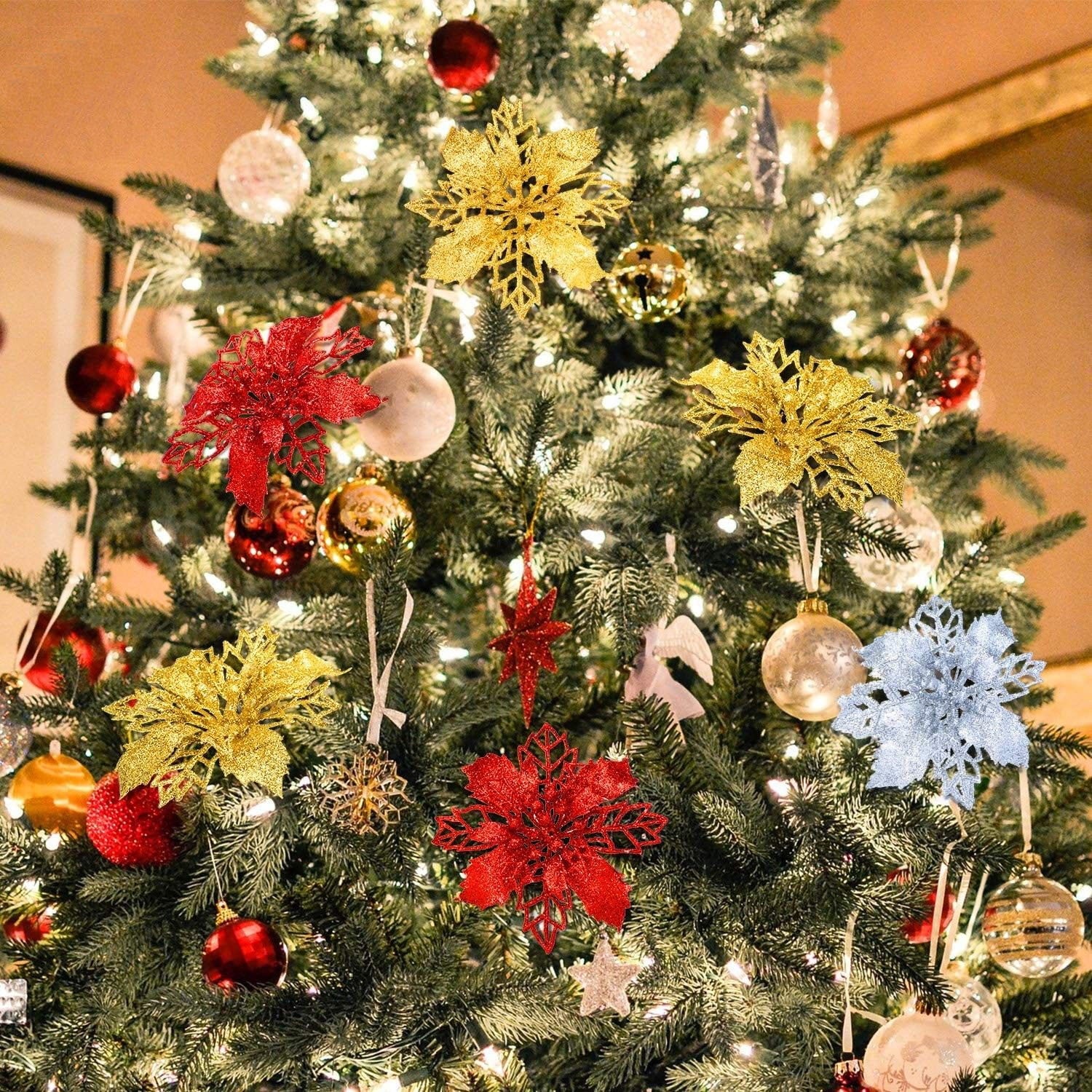 Set of 16 Pcs Christmas Poinsettia Flowers Ornaments Glitter Floral Accessories Xmas Wreath Tree Decorations for Party Home Wedding