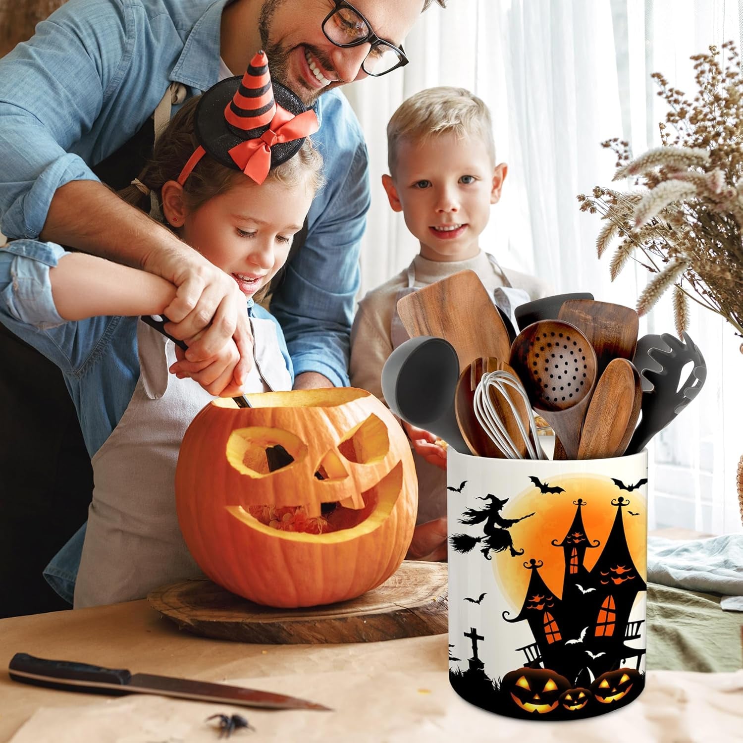 Halloween Kitchen Decor Ceramic Utensil Holder, Cute Halloween Witch Castle Uten
