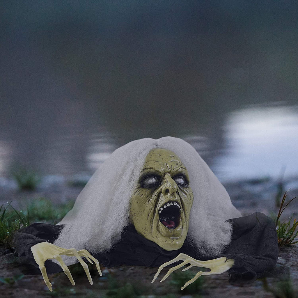 Halloween Gray Haired Zombie Skull with Posable Skeletal Hands Halloween Decoration Prop | Halloween Groundbreaking Zombie, Halloween Lawn Decorations