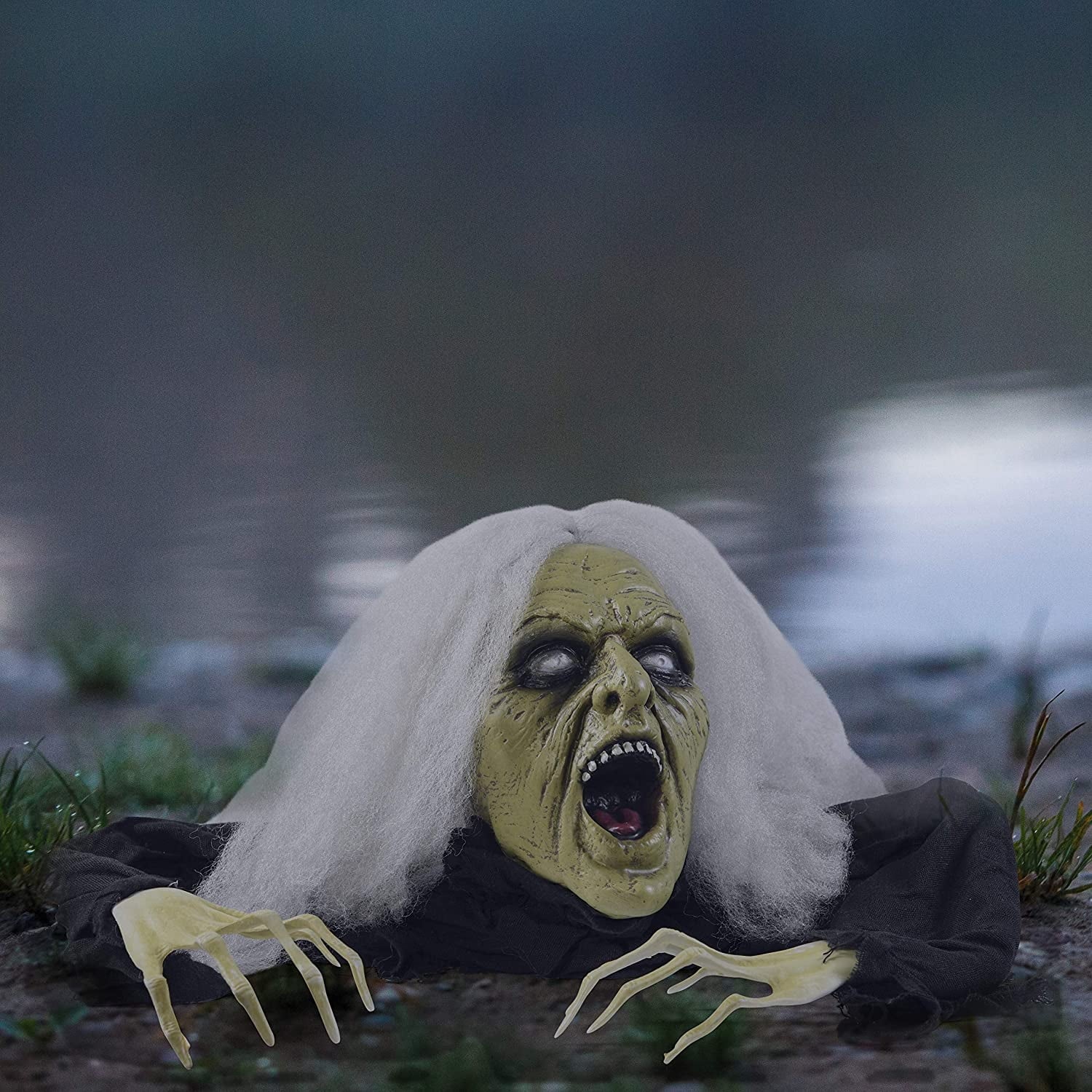 Halloween Gray Haired Zombie Skull with Posable Skeletal Hands Halloween Decoration Prop | Halloween Groundbreaking Zombie, Halloween Lawn Decorations