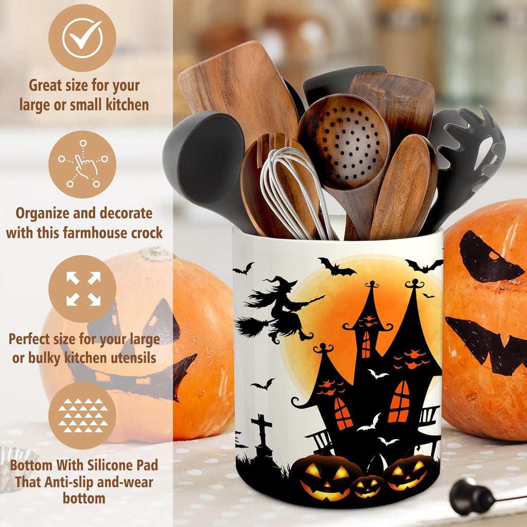 Halloween Kitchen Decor Ceramic Utensil Holder, Cute Halloween Witch Castle Uten