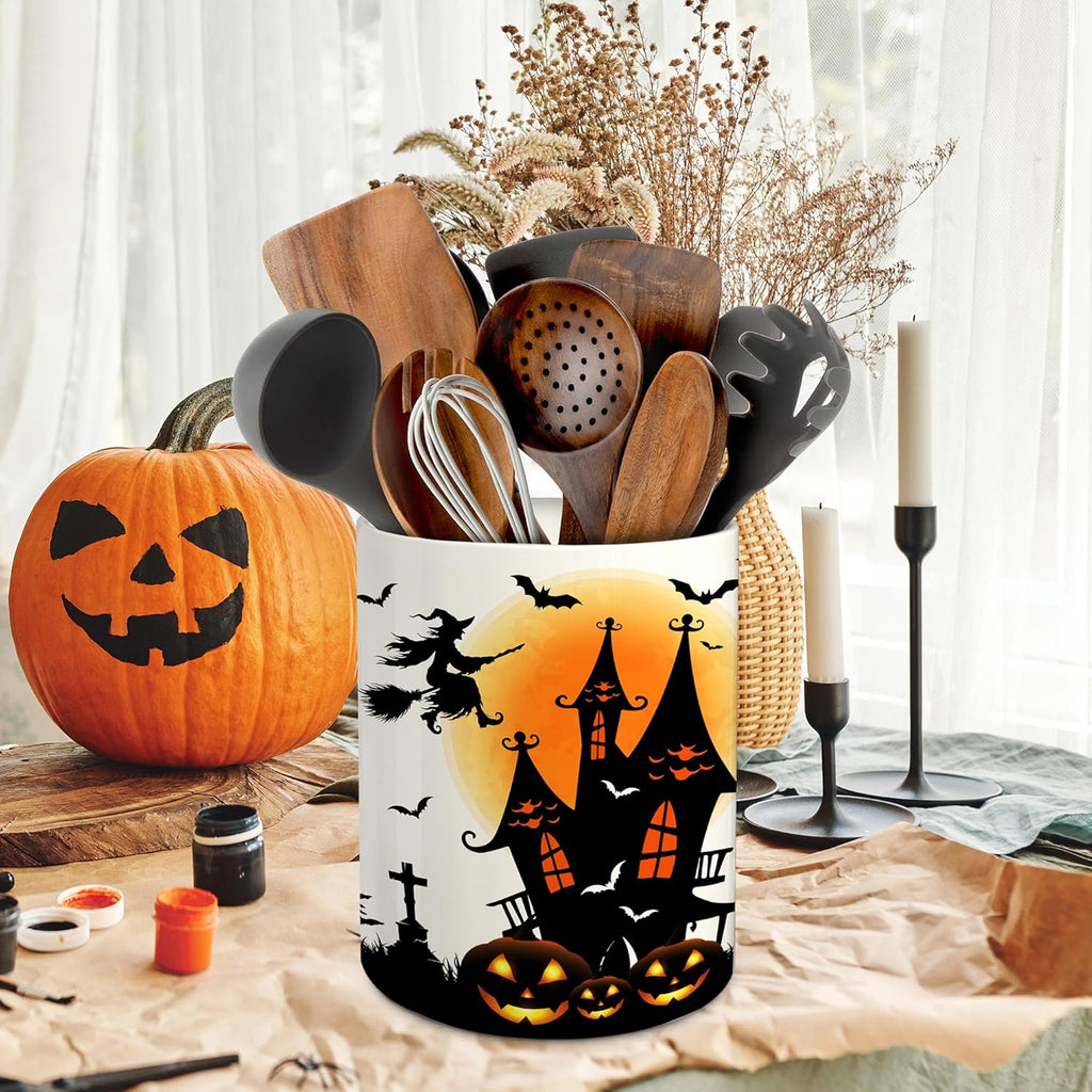 Halloween Kitchen Decor Ceramic Utensil Holder, Cute Halloween Witch Castle Uten