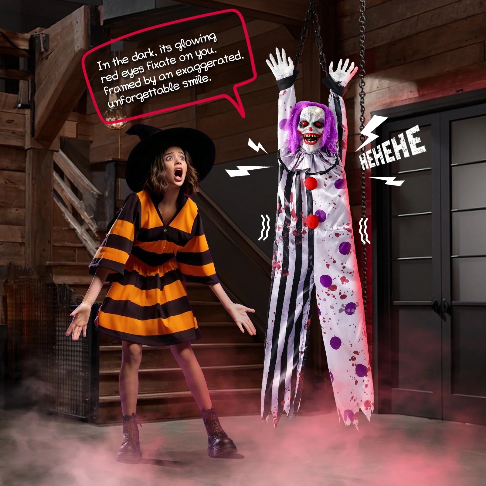 63In Halloween Animatronics, Hanging Halloween Clown Sound Sensor, Scary Halloween Decorations Outdoor, Haunted House Prop