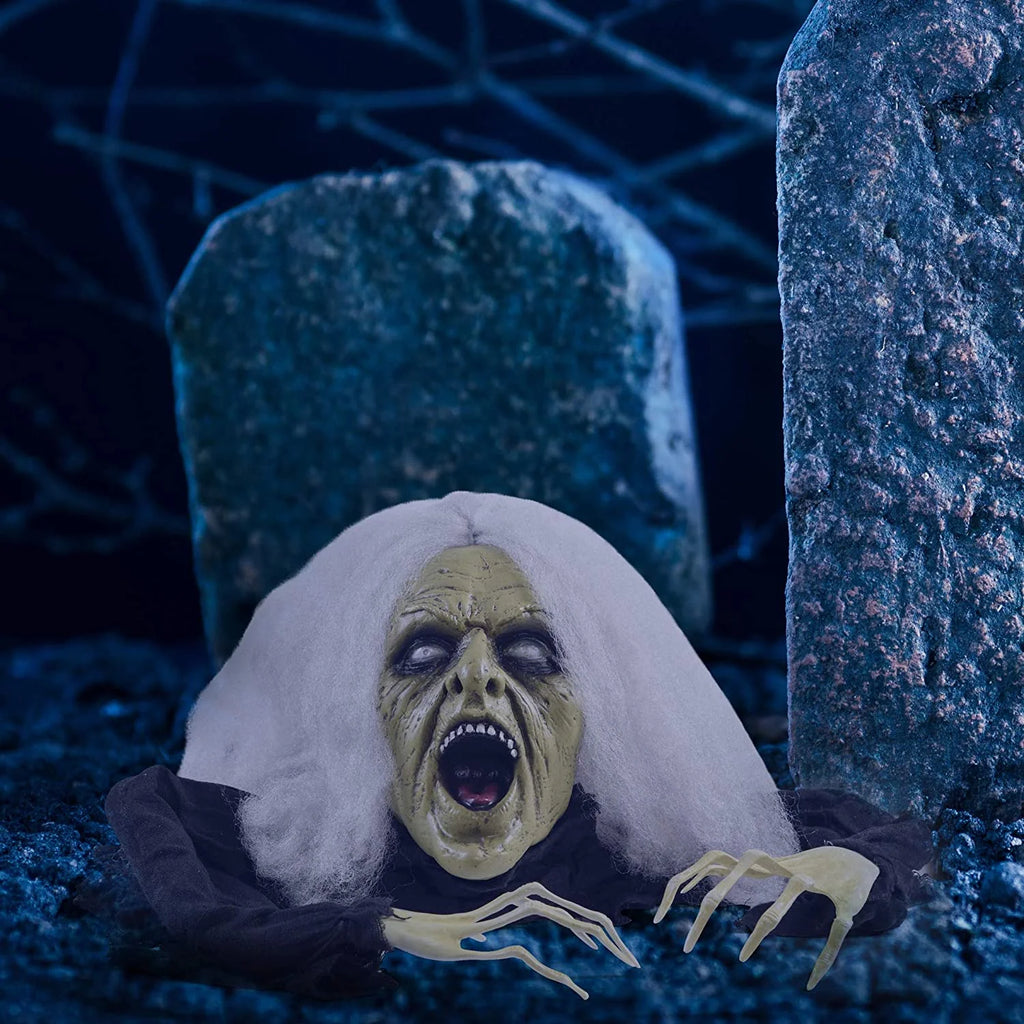 Halloween Gray Haired Zombie Skull with Posable Skeletal Hands Halloween Decoration Prop | Halloween Groundbreaking Zombie, Halloween Lawn Decorations