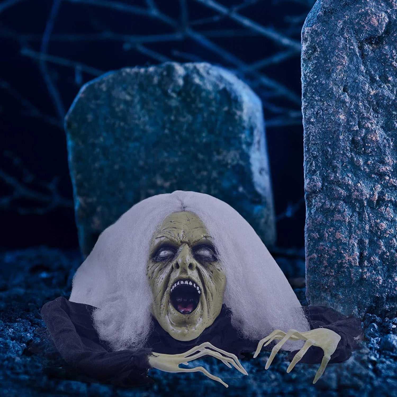 Halloween Gray Haired Zombie Skull with Posable Skeletal Hands Halloween Decoration Prop | Halloween Groundbreaking Zombie, Halloween Lawn Decorations