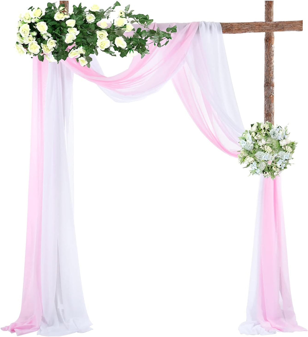 Wedding Arch Draping Fabric 2 Panel Chiffon Fabric Arch Drapes Backdrop Curtain for Wedding Ceremony Arbor Archway Party Reception Swag Decorations (White & Pink)