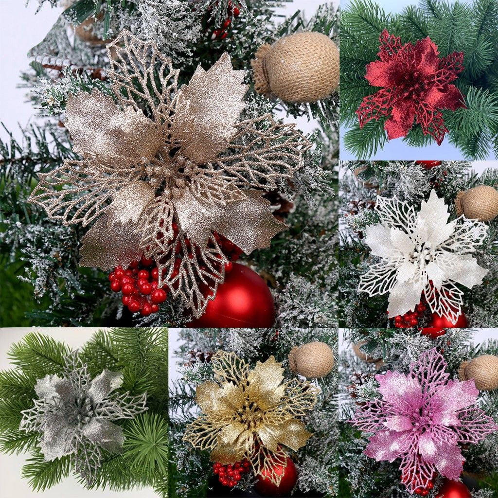 Set of 16 Pcs Christmas Poinsettia Flowers Ornaments Glitter Floral Accessories Xmas Wreath Tree Decorations for Party Home Wedding