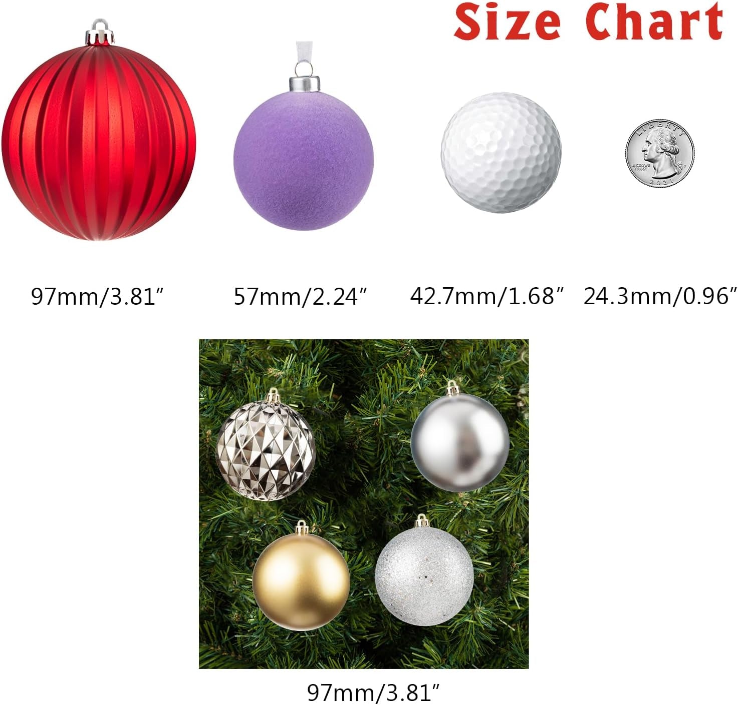 20Ct Christmas Ornaments, Shatterproof Christmas Tree Ornaments Set, 92Cm/3.6" Christmas Balls Decoration