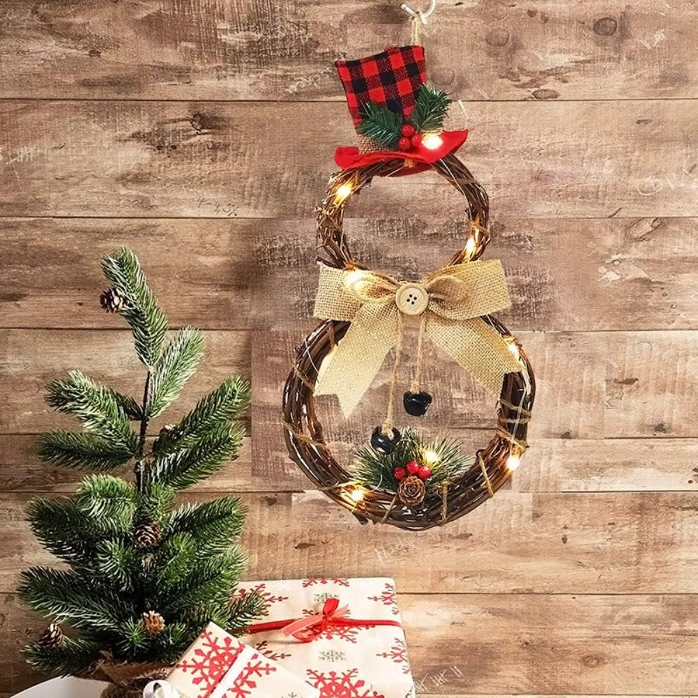 Christmas Wreath Hanging Decor Cute Xmas Snowman Garland LED Light Artificial Christmas Wreath Christmas Ornaments for Christmas Party Decor