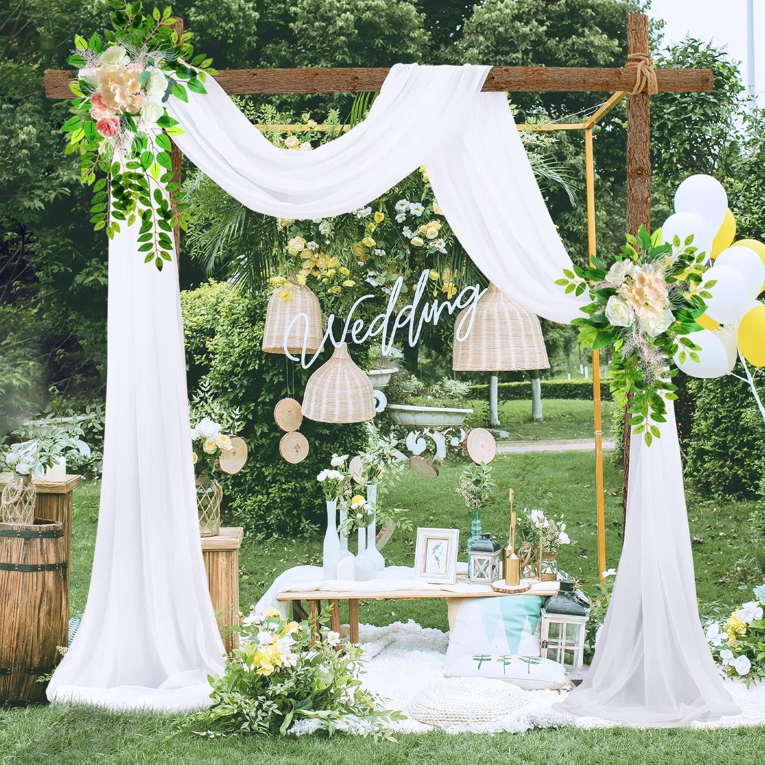 Wedding Arch Draping Fabric 2 Panel 216 Inch White Chiffon Fabric Drapery Backdrop Curtain Draping Voile Swag for Wedding Ceremony Party Archway Stage Decoration