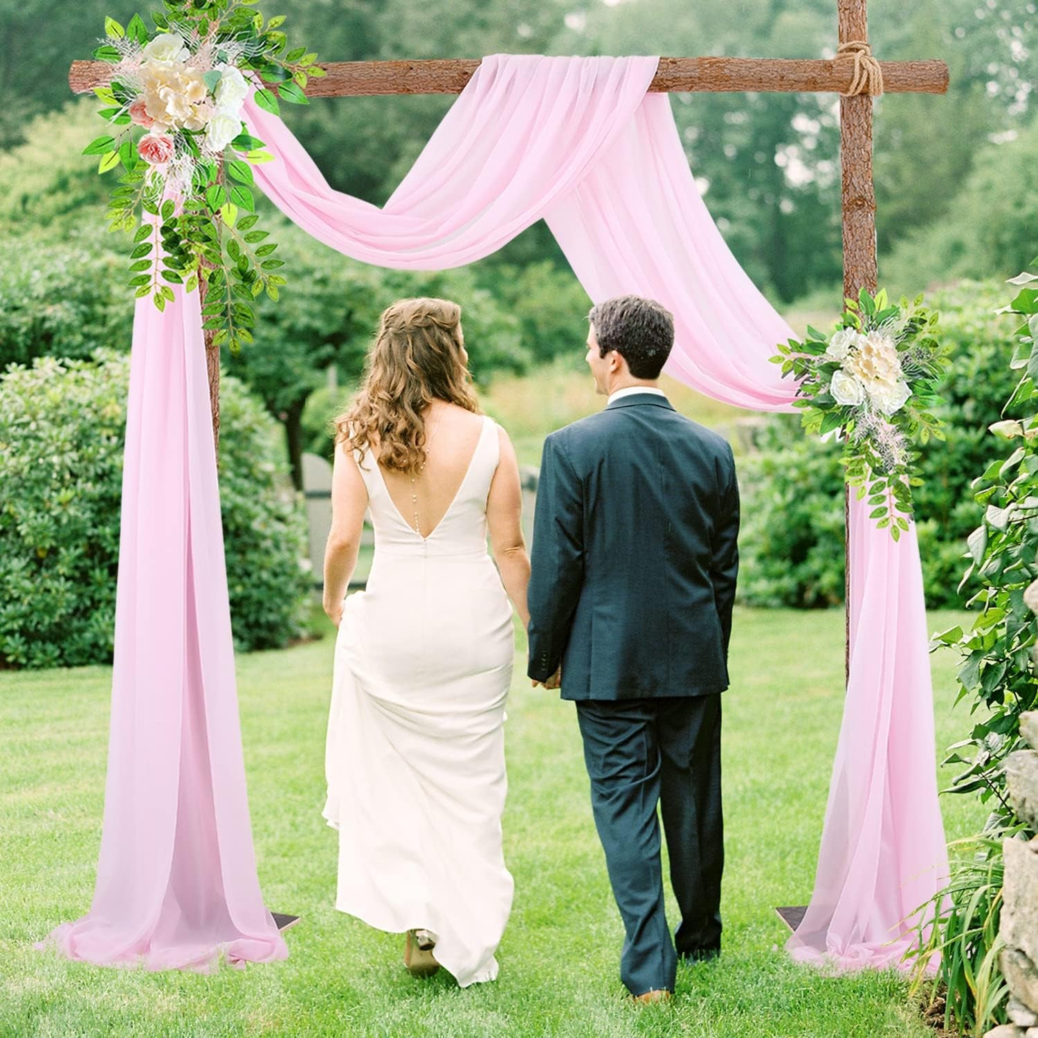 Wedding Arch Draping Fabric 2 Panel Chiffon Fabric Arch Drapes Backdrop Curtain for Wedding Ceremony Arbor Archway Party Reception Swag Decorations (White & Pink)