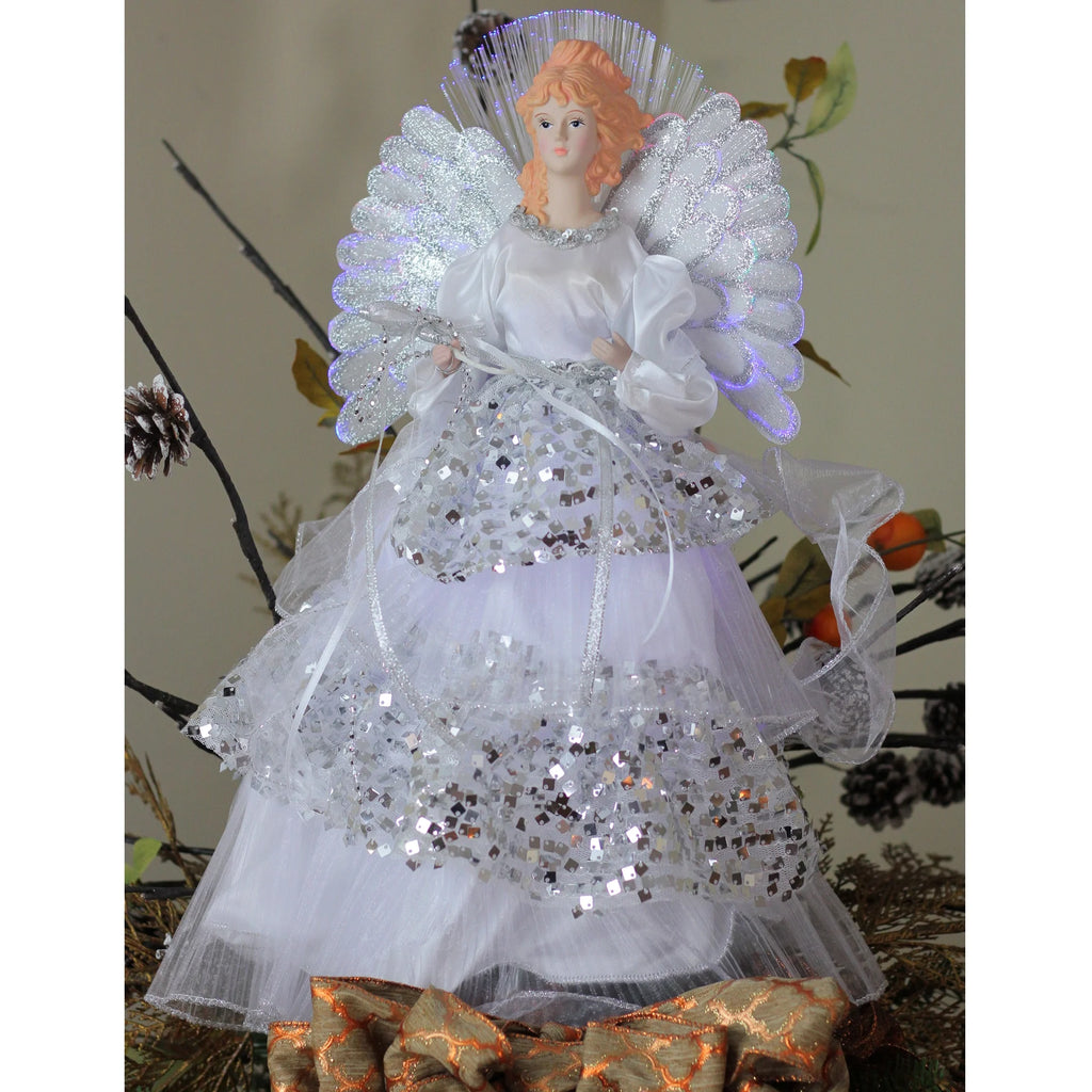 16" White and Silver Lighted Fiber Optic Angel Sequined Gown Christmas Tree Topper