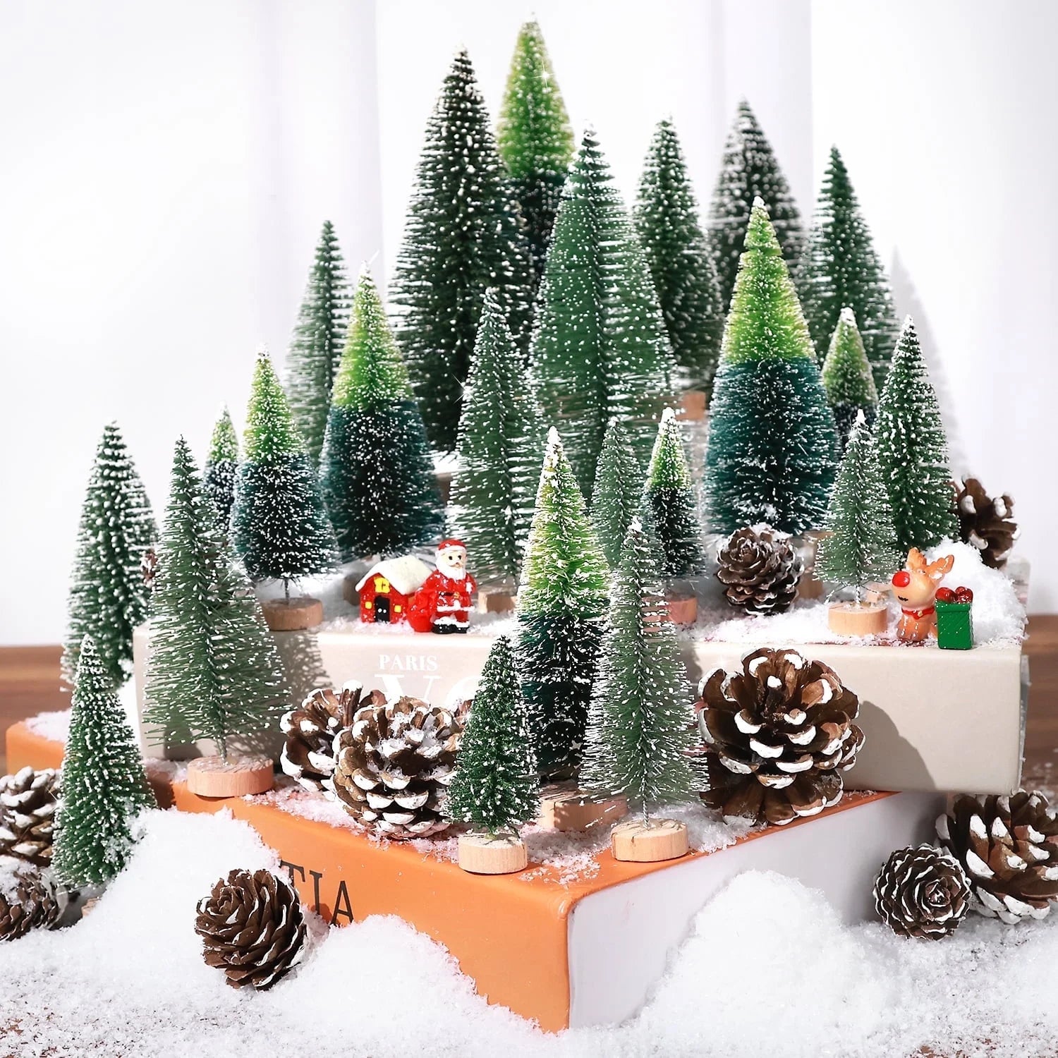 35Pcs Mini Christmas Trees Bottle Brush Trees with Pine Cone Snow Powder, Christmas Village Sets