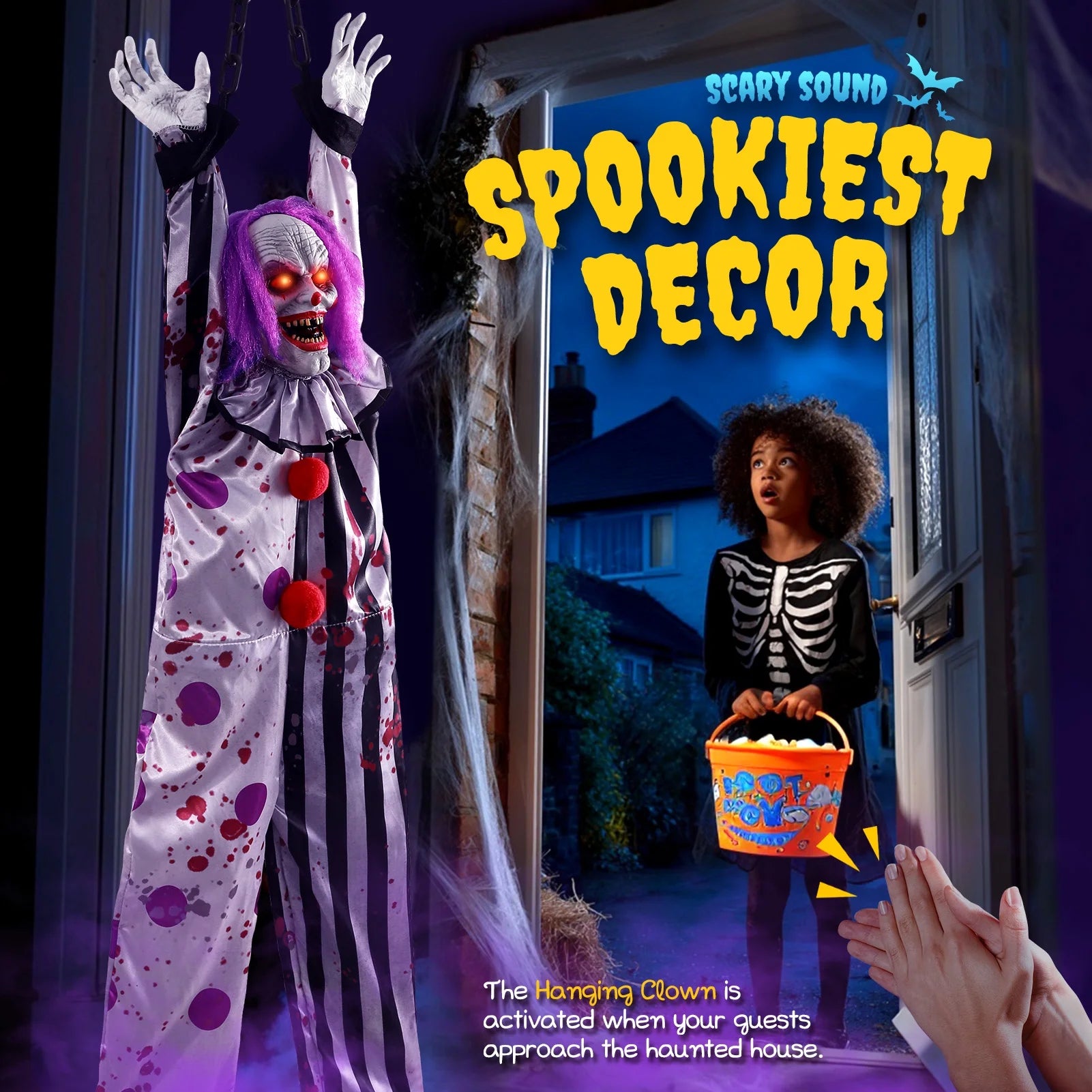 63In Halloween Animatronics, Hanging Halloween Clown Sound Sensor, Scary Halloween Decorations Outdoor, Haunted House Prop