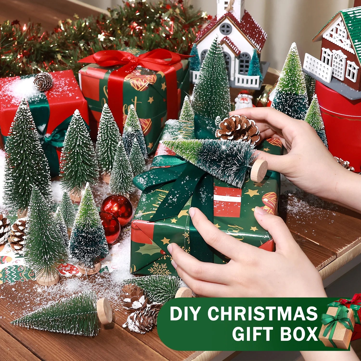 35Pcs Mini Christmas Trees Bottle Brush Trees with Pine Cone Snow Powder, Christmas Village Sets