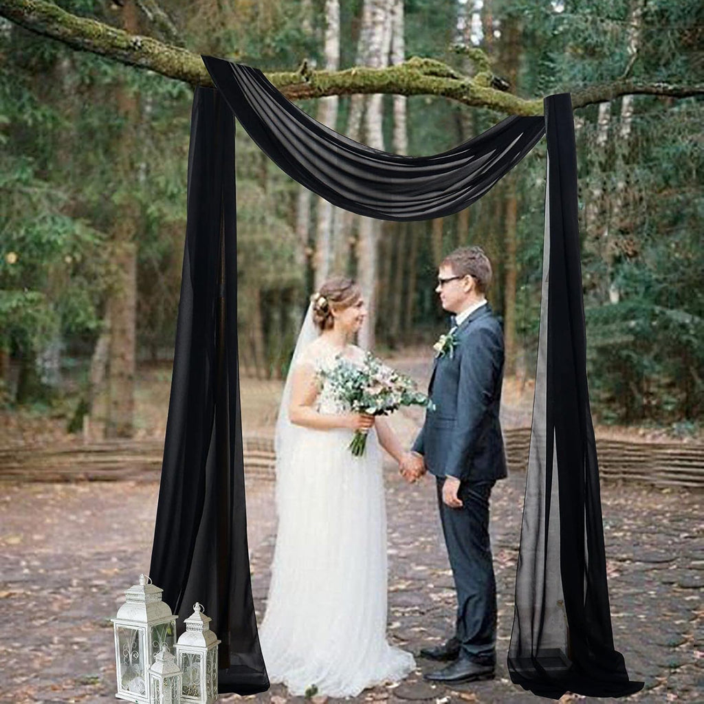 Wedding Arch Drapes - 2 Panels, 18FT Black Chiffon Fabric Drapery Voile for Wedding Archway & Reception Decorations