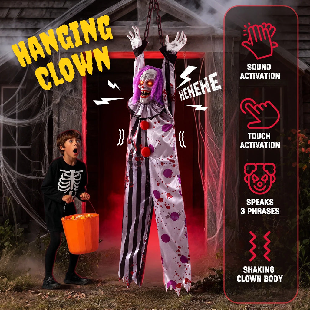 63In Halloween Animatronics, Hanging Halloween Clown Sound Sensor, Scary Halloween Decorations Outdoor, Haunted House Prop