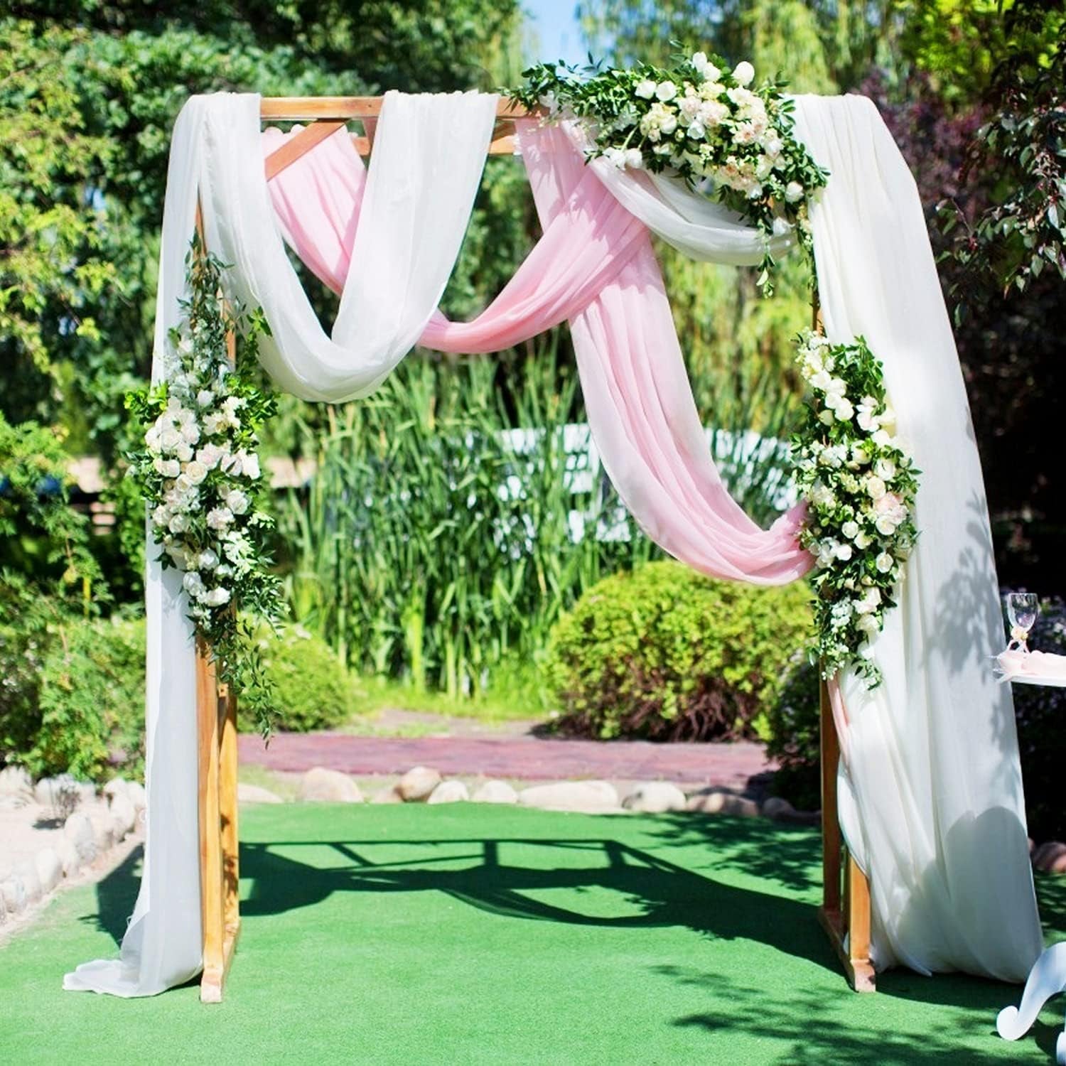 Wedding Arch Draping Fabric 2 Panel Chiffon Fabric Arch Drapes Backdrop Curtain for Wedding Ceremony Arbor Archway Party Reception Swag Decorations (White & Pink)