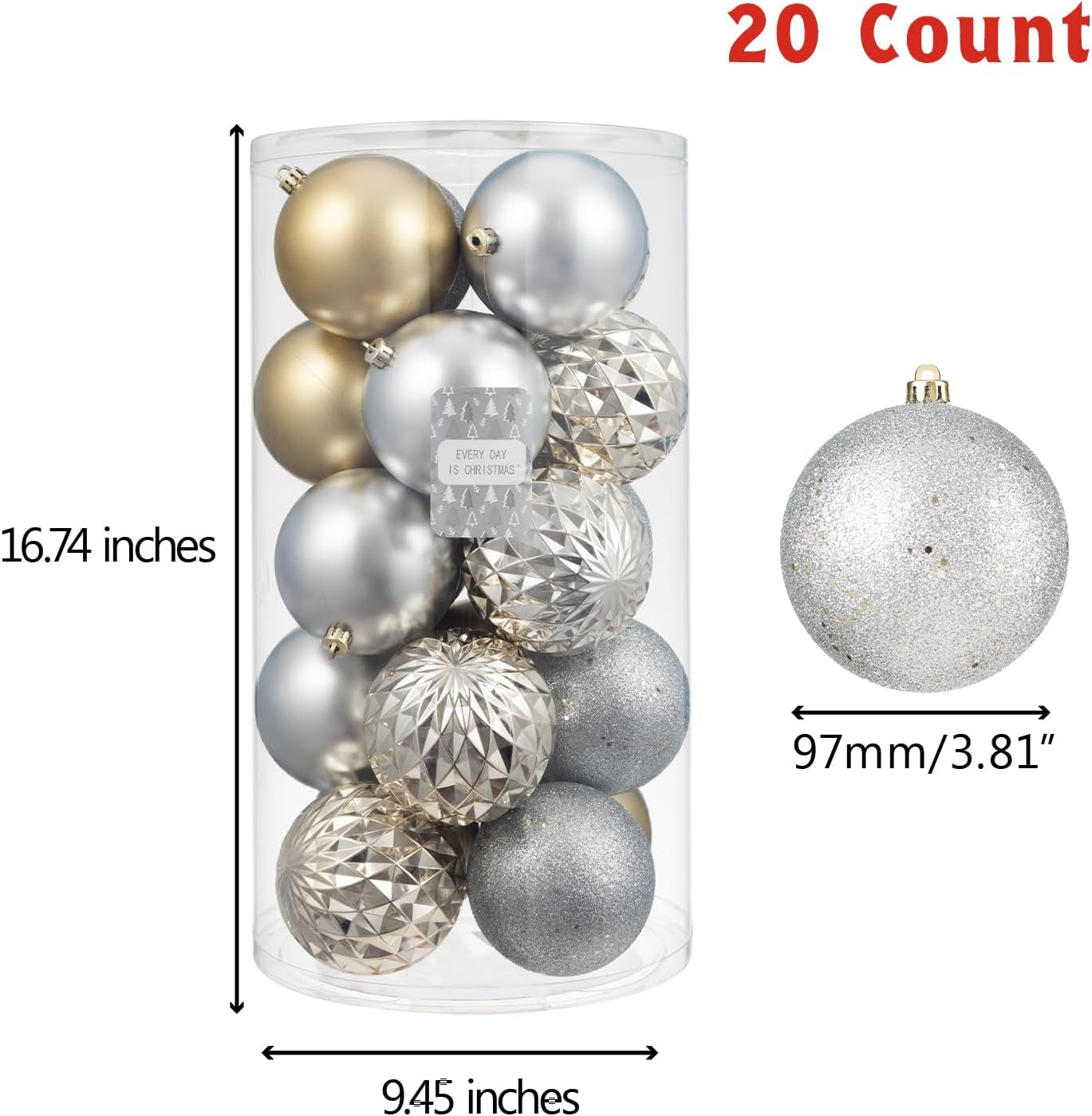 20Ct Christmas Ornaments, Shatterproof Christmas Tree Ornaments Set, 92Cm/3.6" Christmas Balls Decoration