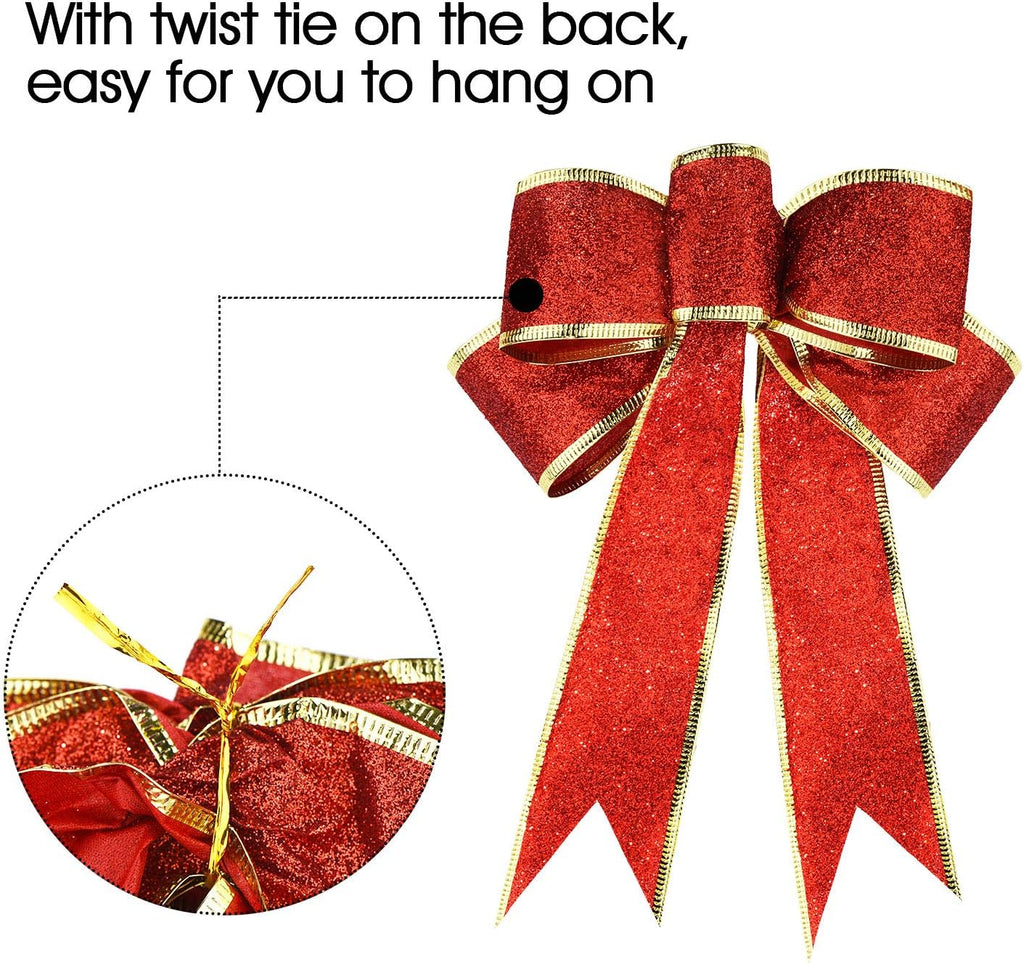 12 Pieces Glitter Christmas Bows Christmas Wreath Ribbon Bow 9.84 X 7.87 Inches Christmas Tree Ornaments Large Bows for Christmas Party Decoration