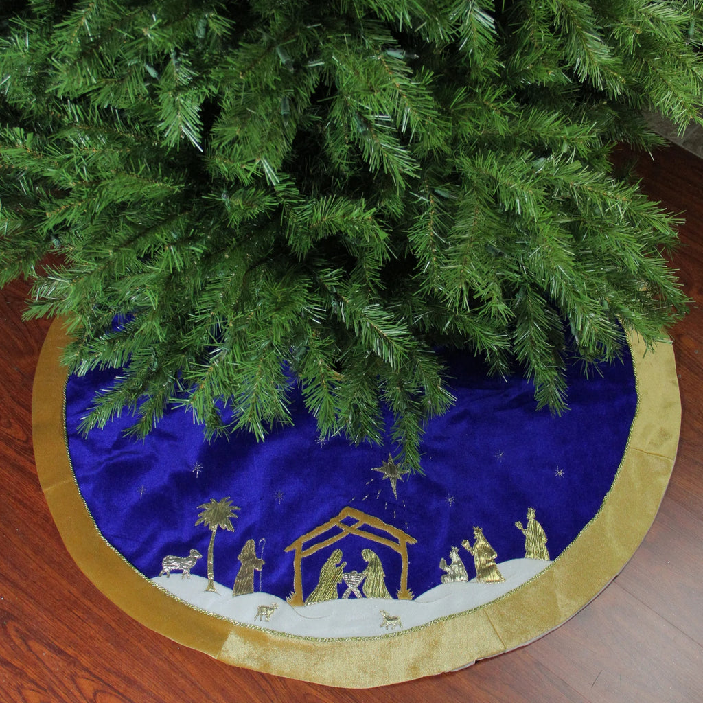 48" Blue and Gold Nativity Scene Christmas Tree Skirt with Gold Border