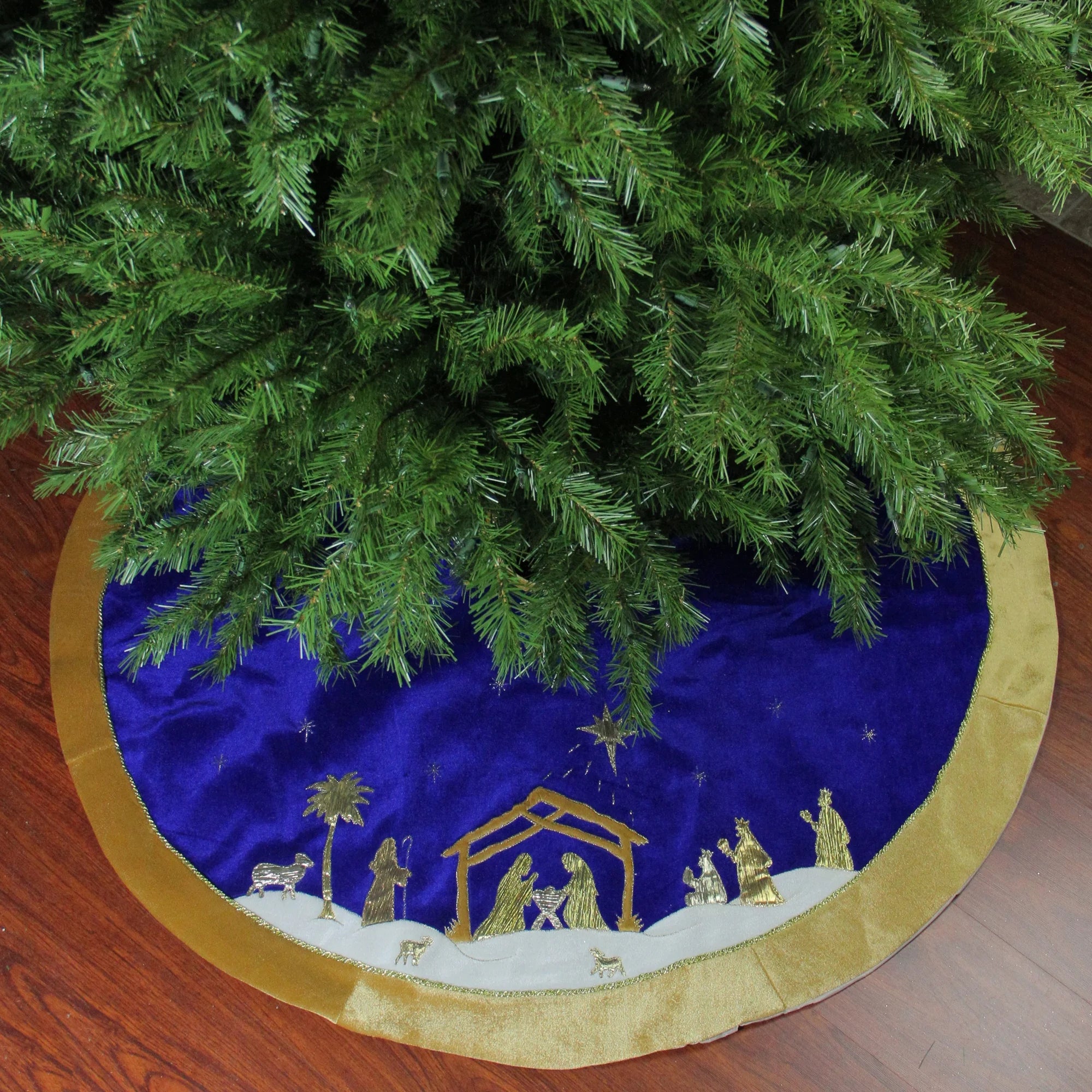 48" Blue and Gold Nativity Scene Christmas Tree Skirt with Gold Border