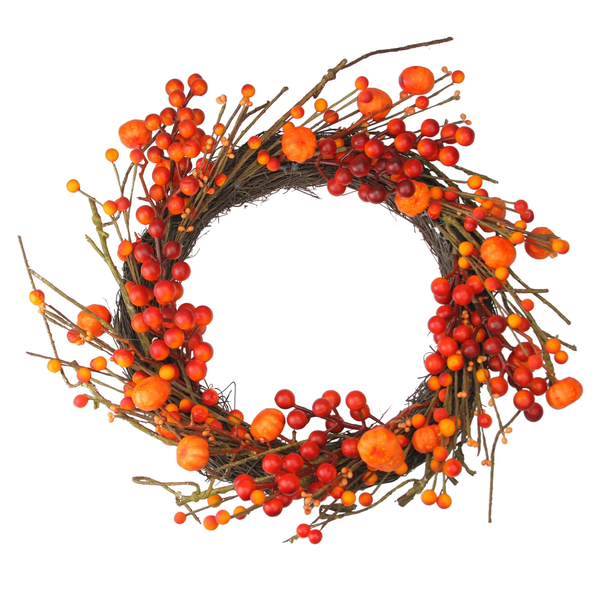 Red and Orange Fall Berry and Mini Pumpkin Artificial Thanksgiving Wreath - 20-Inch,