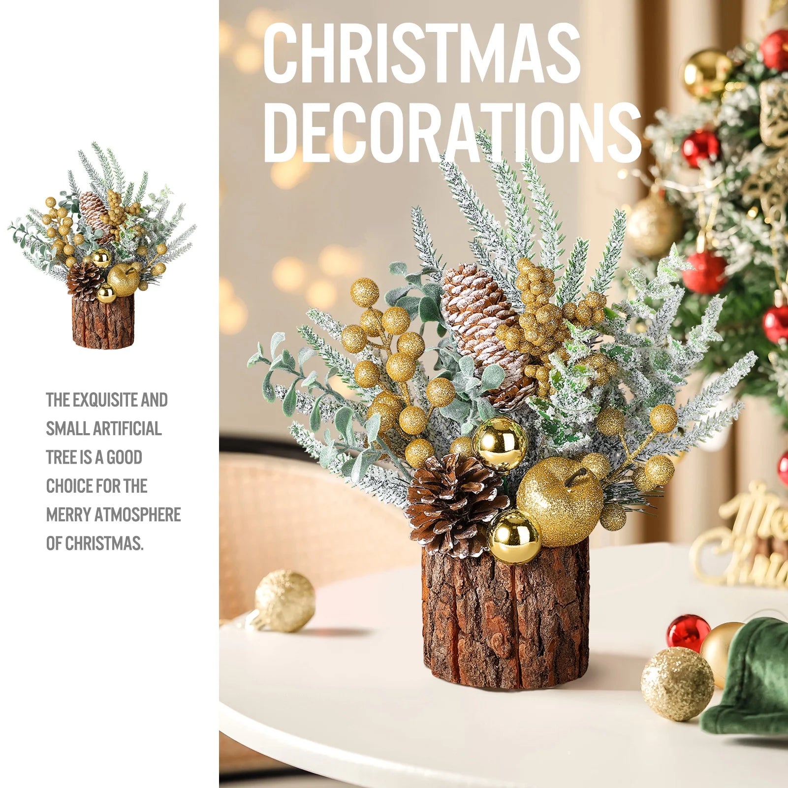 Small Christmas Tree, Artificial Mini Tabletop Christmas Tree Decorations with Christmas Ornaments, for Xmas Party Thankgivings Christmas Decor(Gold)