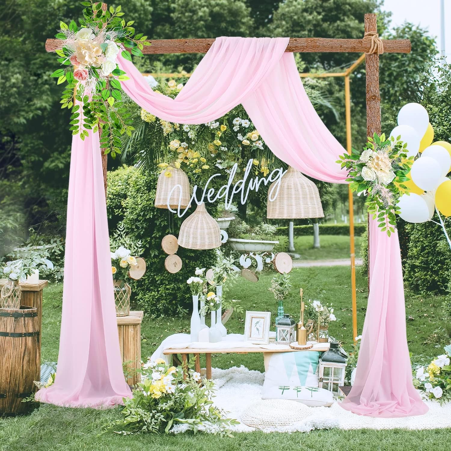 Wedding Arch Draping Fabric 2 Panel Chiffon Fabric Arch Drapes Backdrop Curtain for Wedding Ceremony Arbor Archway Party Reception Swag Decorations (White & Pink)