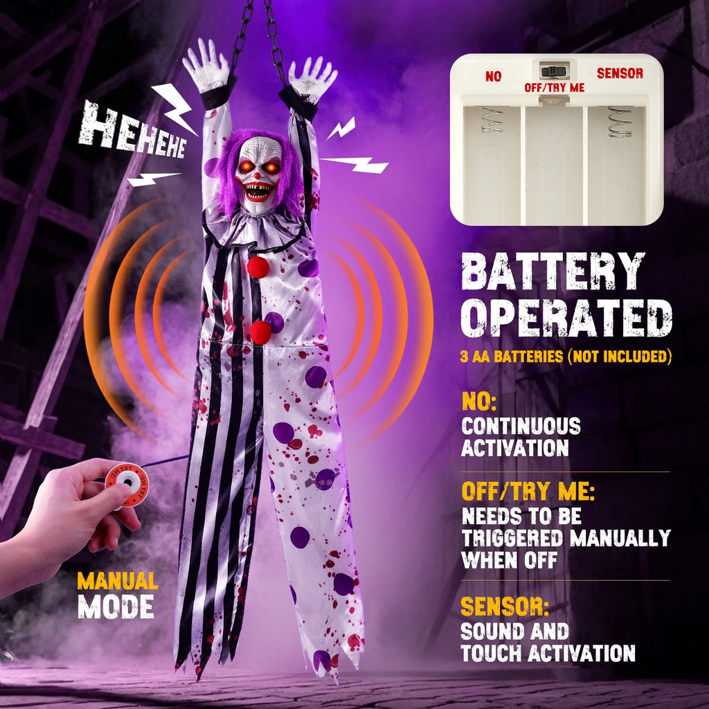63In Halloween Animatronics, Hanging Halloween Clown Sound Sensor, Scary Halloween Decorations Outdoor, Haunted House Prop