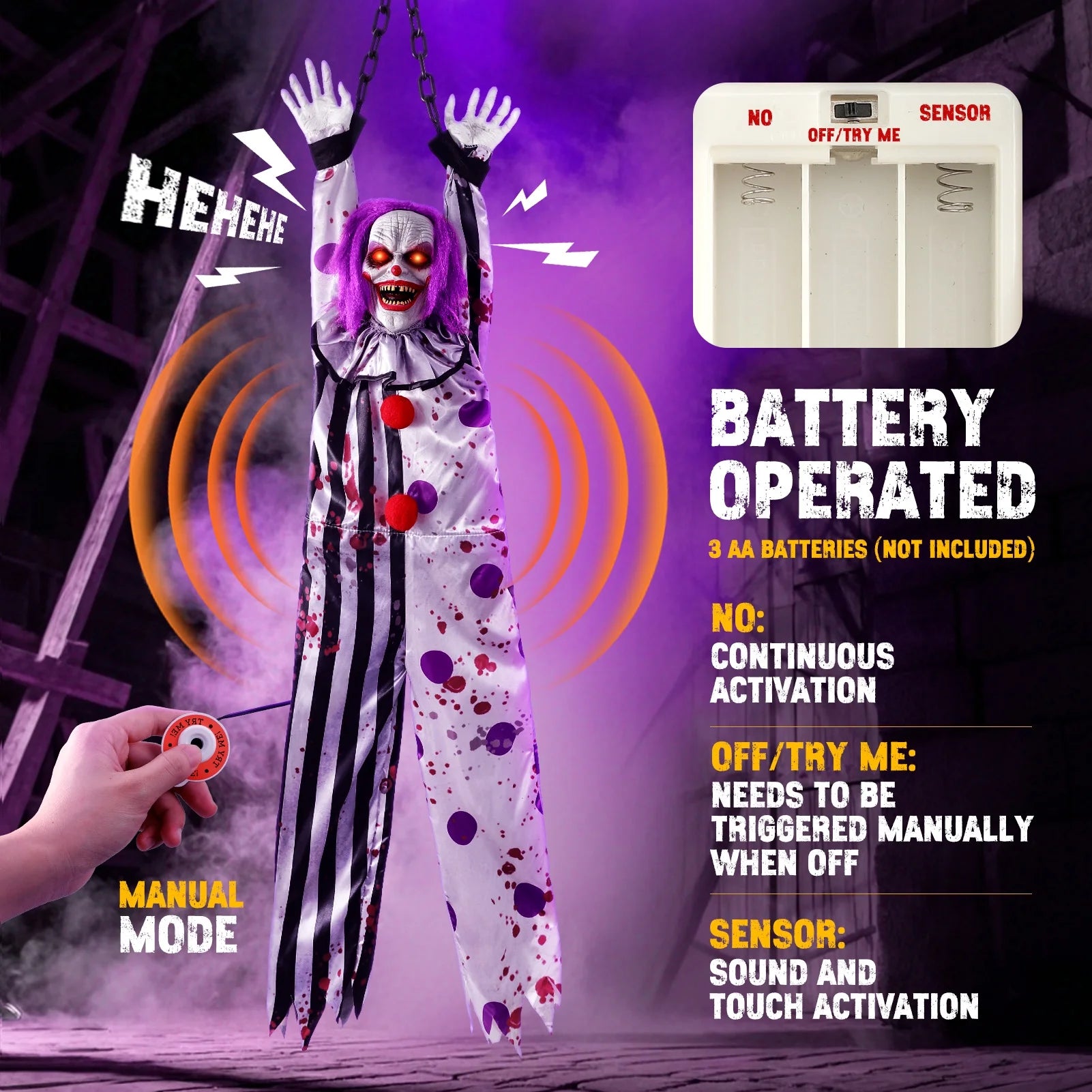 63In Halloween Animatronics, Hanging Halloween Clown Sound Sensor, Scary Halloween Decorations Outdoor, Haunted House Prop