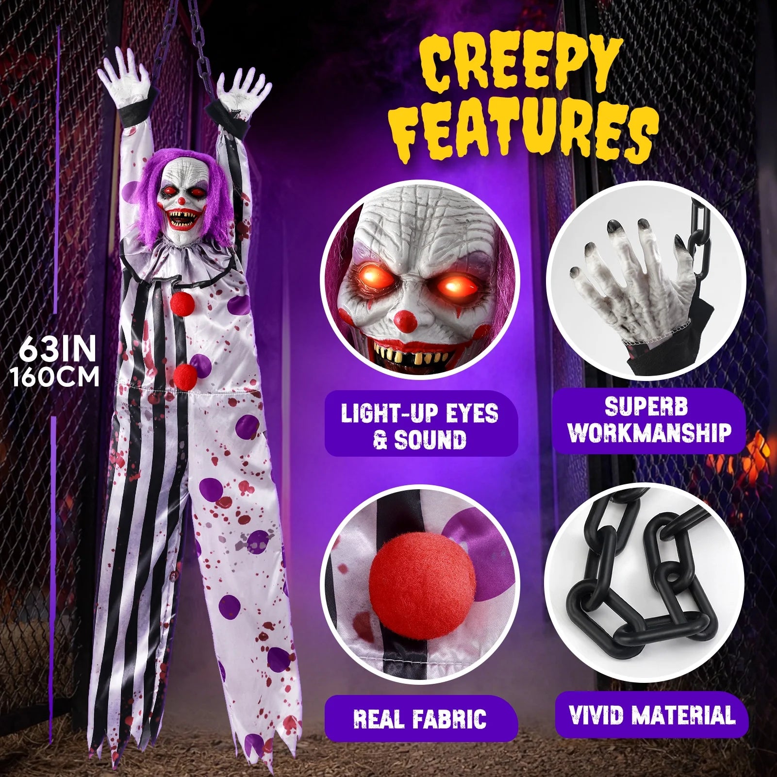 63In Halloween Animatronics, Hanging Halloween Clown Sound Sensor, Scary Halloween Decorations Outdoor, Haunted House Prop