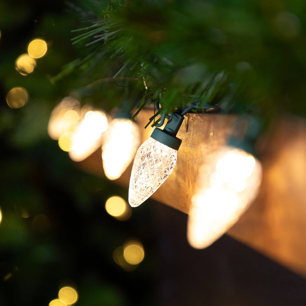 100Ct Warm White LED Faceted C9 Christmas Lights, 66Ft Green Wire