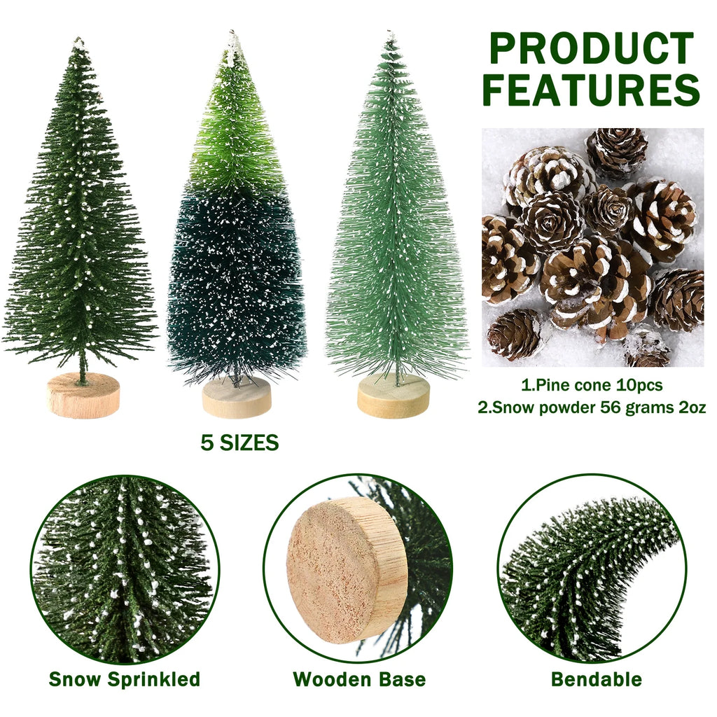 35Pcs Mini Christmas Trees Bottle Brush Trees with Pine Cone Snow Powder, Christmas Village Sets