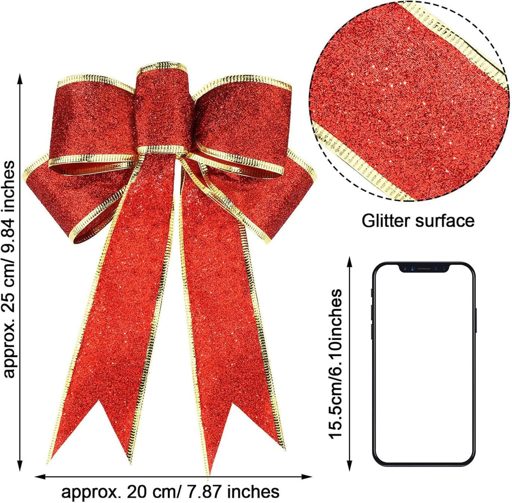 12 Pieces Glitter Christmas Bows Christmas Wreath Ribbon Bow 9.84 X 7.87 Inches Christmas Tree Ornaments Large Bows for Christmas Party Decoration