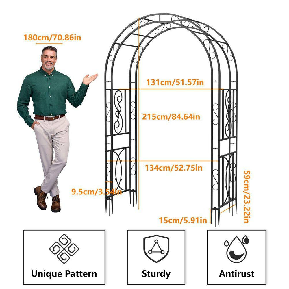 84.6 In. X 52.7 In. X 23.6 In. Garden Arbor with Trellis Elegant Black Metal Arch for Climbing Plants Yard Lawn Decor