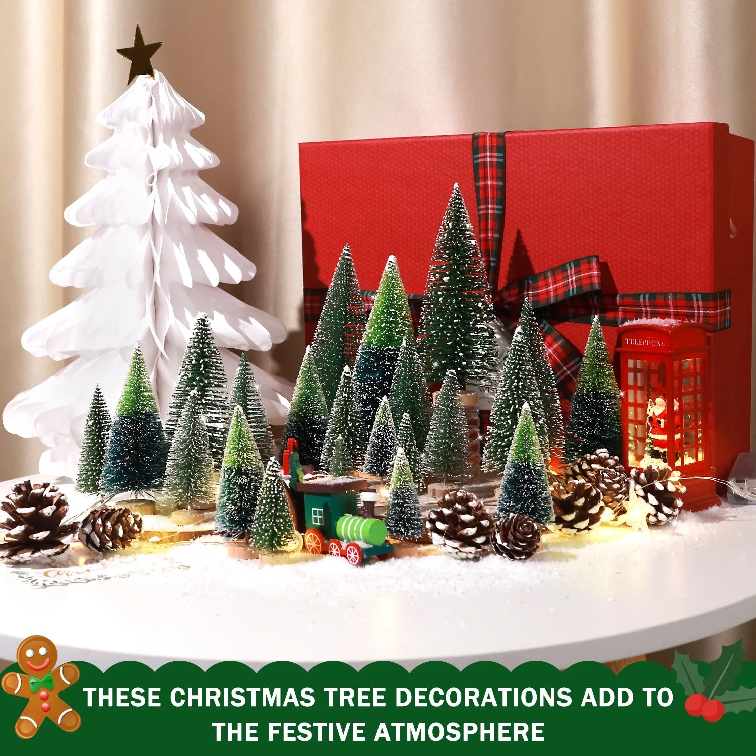 35Pcs Mini Christmas Trees Bottle Brush Trees with Pine Cone Snow Powder, Christmas Village Sets