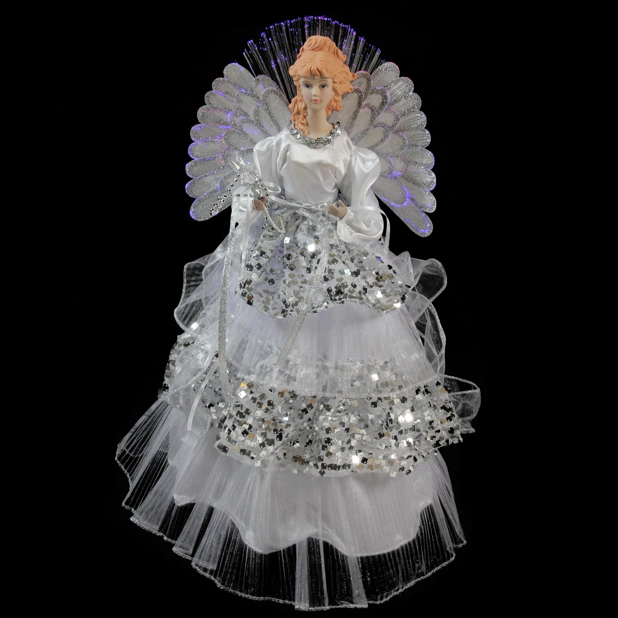 16" White and Silver Lighted Fiber Optic Angel Sequined Gown Christmas Tree Topper