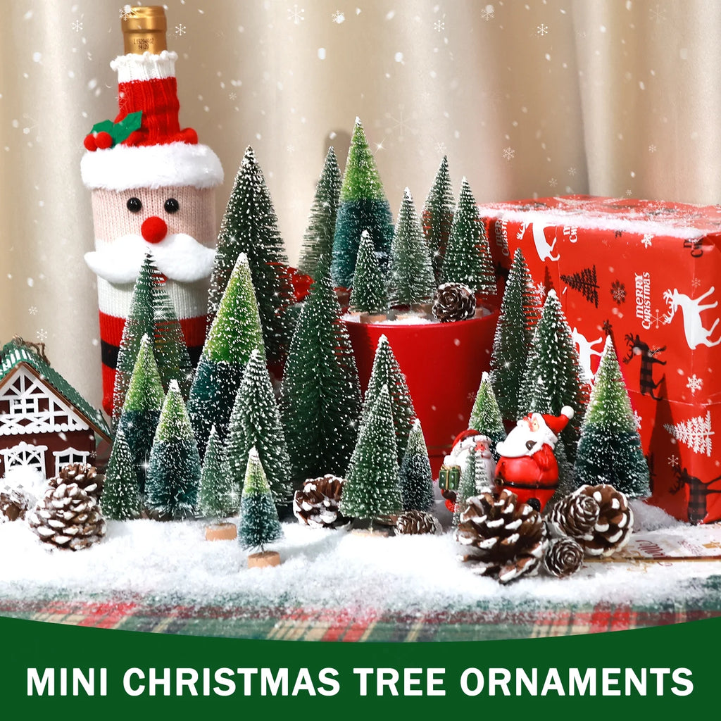 35Pcs Mini Christmas Trees Bottle Brush Trees with Pine Cone Snow Powder, Christmas Village Sets