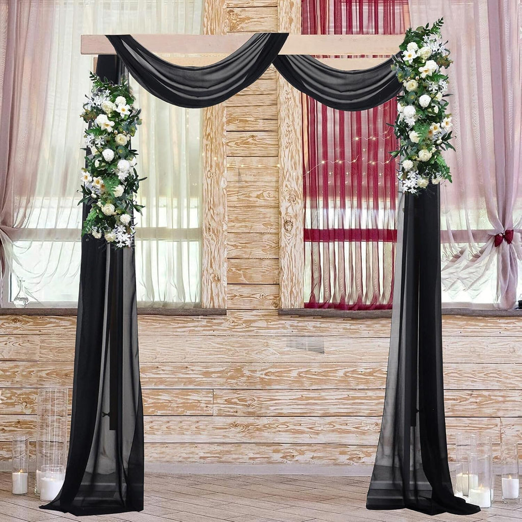 Wedding Arch Drapes - 2 Panels, 18FT Black Chiffon Fabric Drapery Voile for Wedding Archway & Reception Decorations