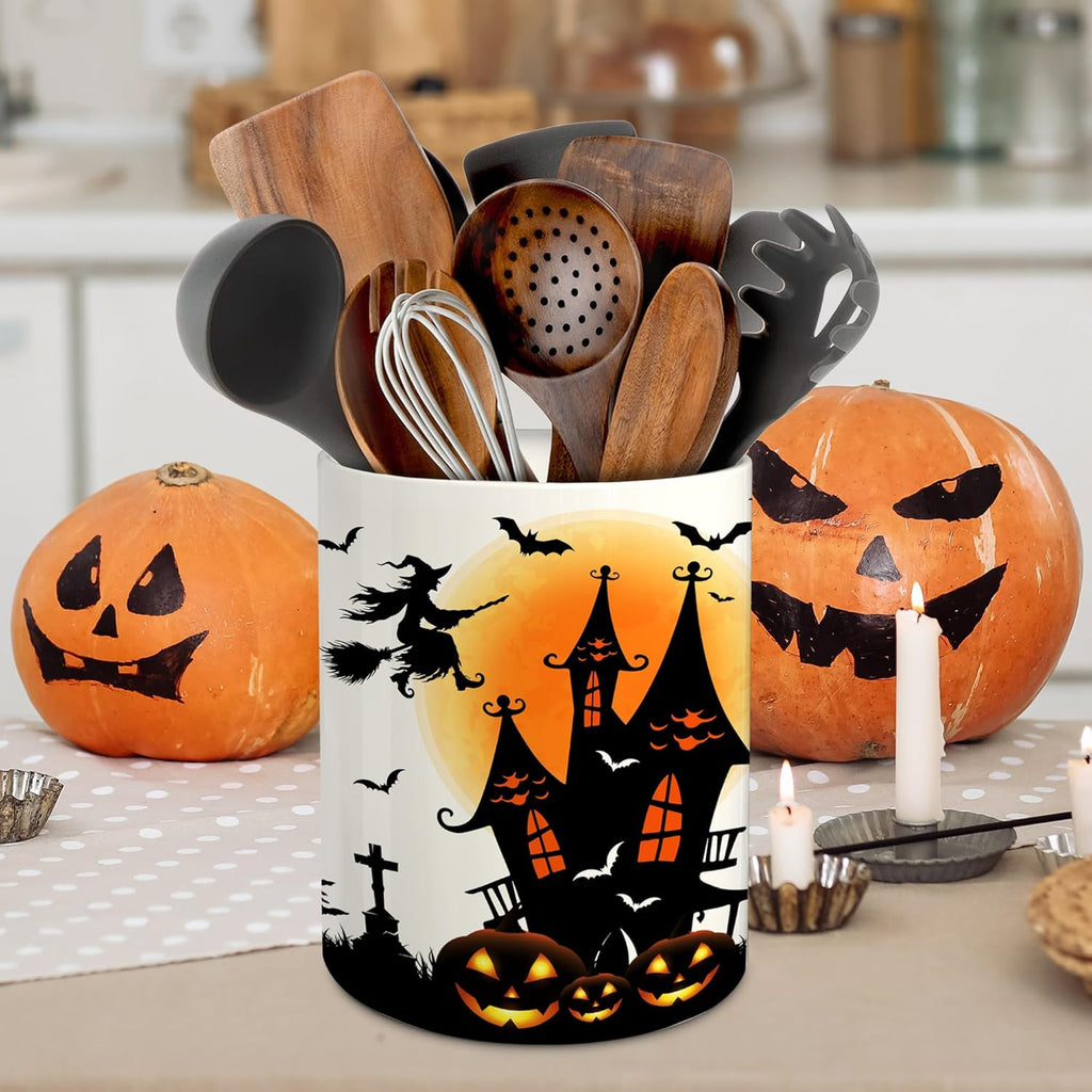 Halloween Kitchen Decor Ceramic Utensil Holder, Cute Halloween Witch Castle Uten