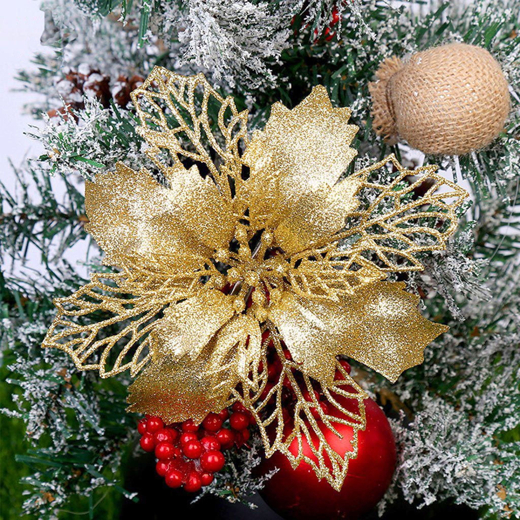 Set of 16 Pcs Christmas Poinsettia Flowers Ornaments Glitter Floral Accessories Xmas Wreath Tree Decorations for Party Home Wedding